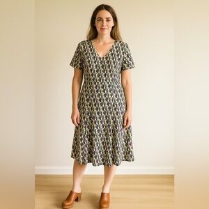 FLAX | V-Neck Rayon Patterned Dress Art Deco Size Medium